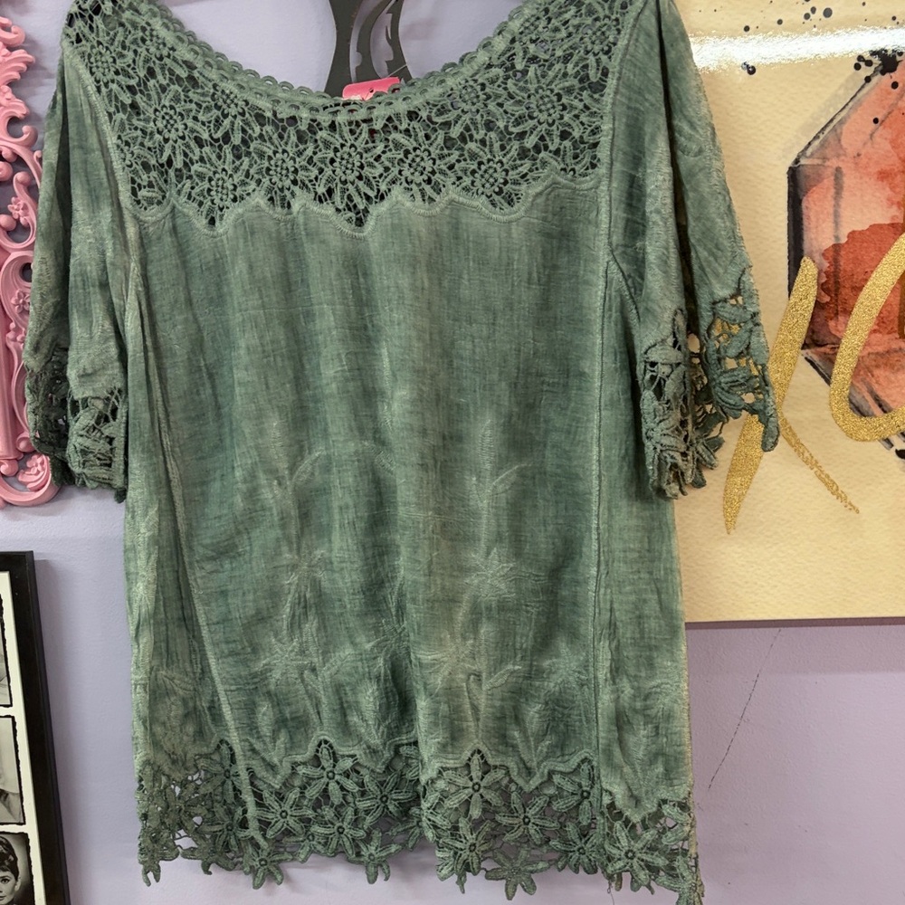 Women's Olive Green Crochet-Trim Tunic Top